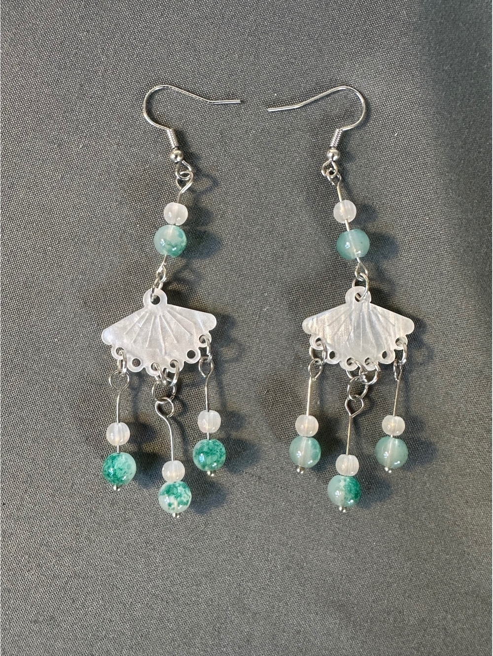 Dangle Green and White Beaded Earrings